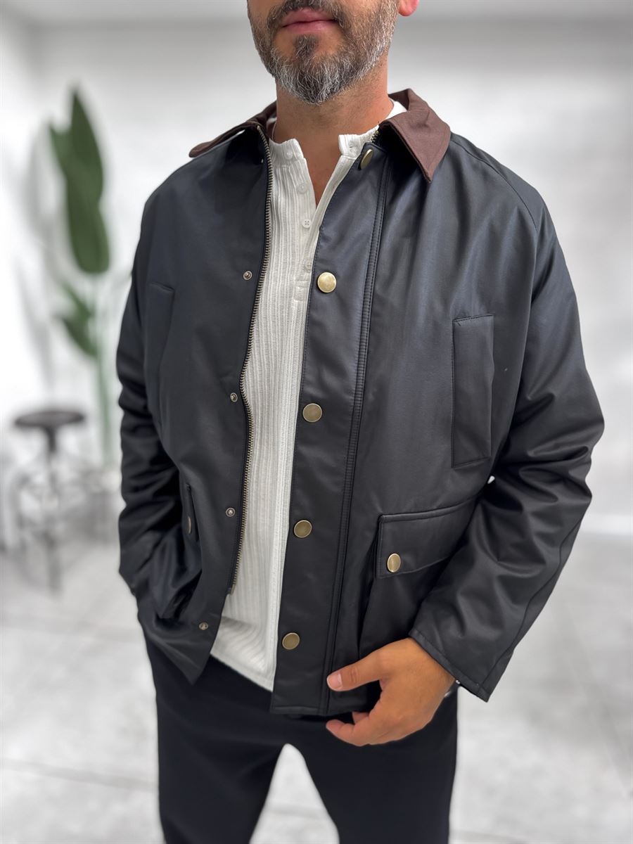 Black Zip-Up Leather Jacket with Pockets MRK-2341