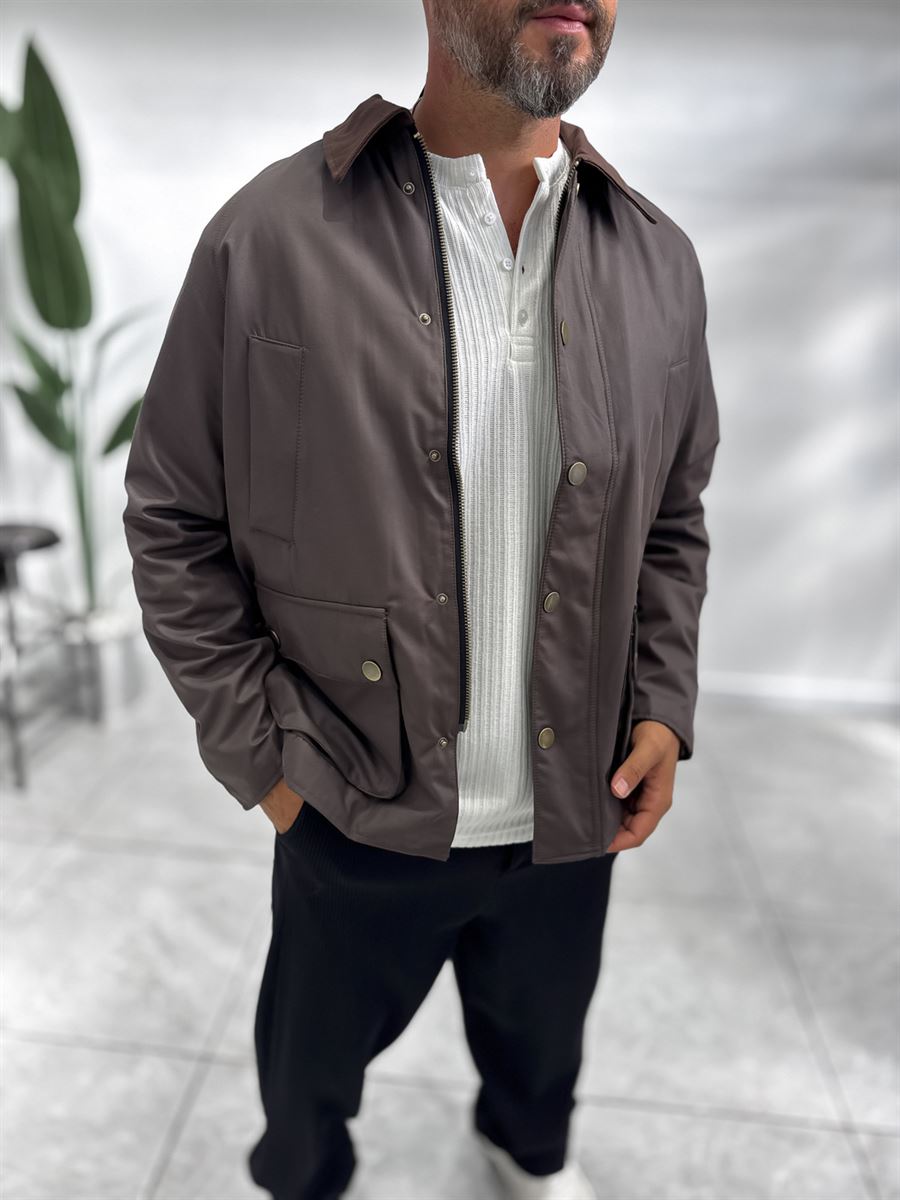 Brown Zip-Up Leather Jacket with Pockets MRK-2341