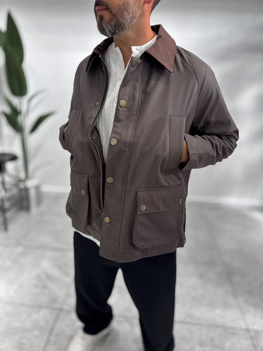 Brown Zip-Up Leather Jacket with Pockets MRK-2341