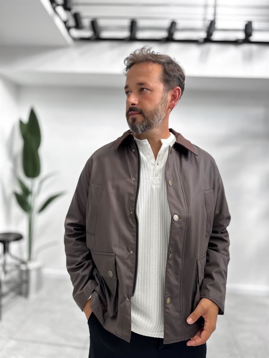 Brown Zip-Up Leather Jacket with Pockets MRK-2341