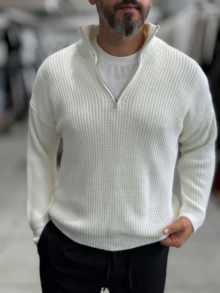 Ecru Half-Zip Knit Sweatshirt MRK-1902