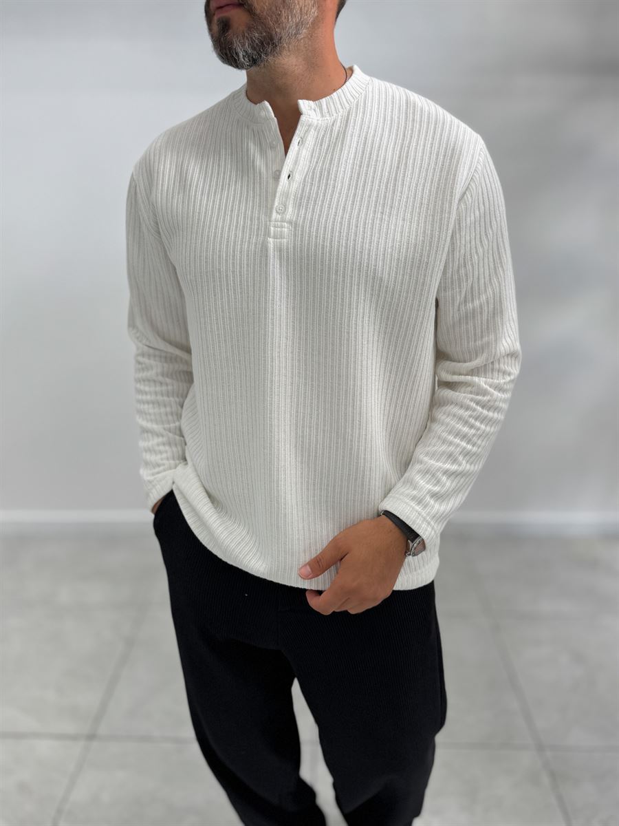 Ecru Button-Up Ribbed Lightweight Sweatshirt MRK-2872