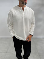 Ecru Button-Up Ribbed Lightweight Sweatshirt MRK-2872