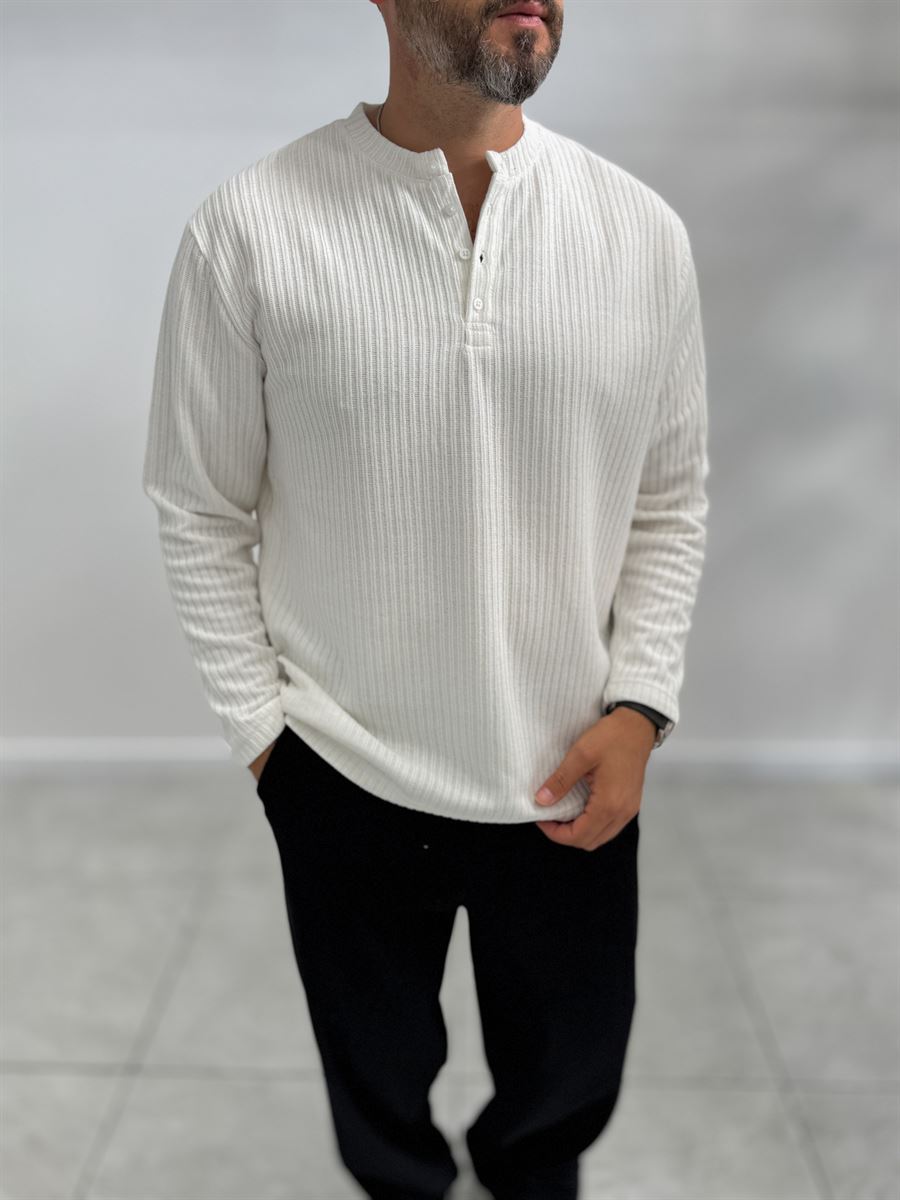 Ecru Button-Up Ribbed Lightweight Sweatshirt MRK-2872