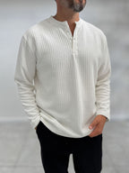 Ecru Button-Up Ribbed Lightweight Sweatshirt MRK-2872