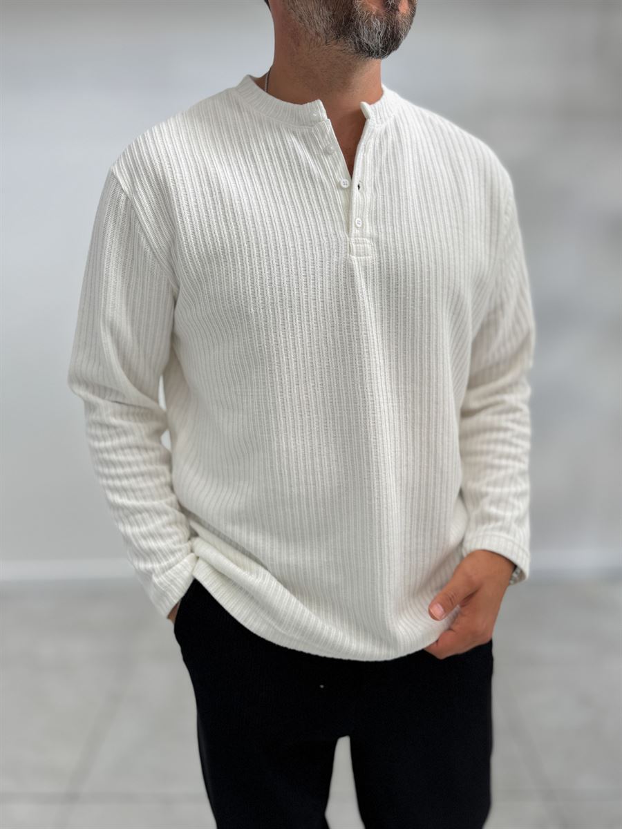 Ecru Button-Up Ribbed Lightweight Sweatshirt MRK-2872