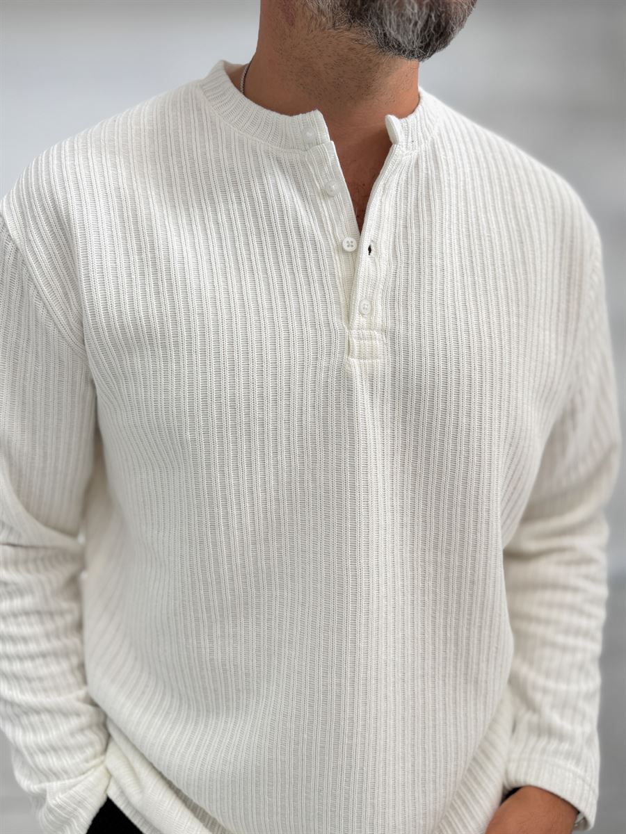 Ecru Button-Up Ribbed Lightweight Sweatshirt MRK-2872