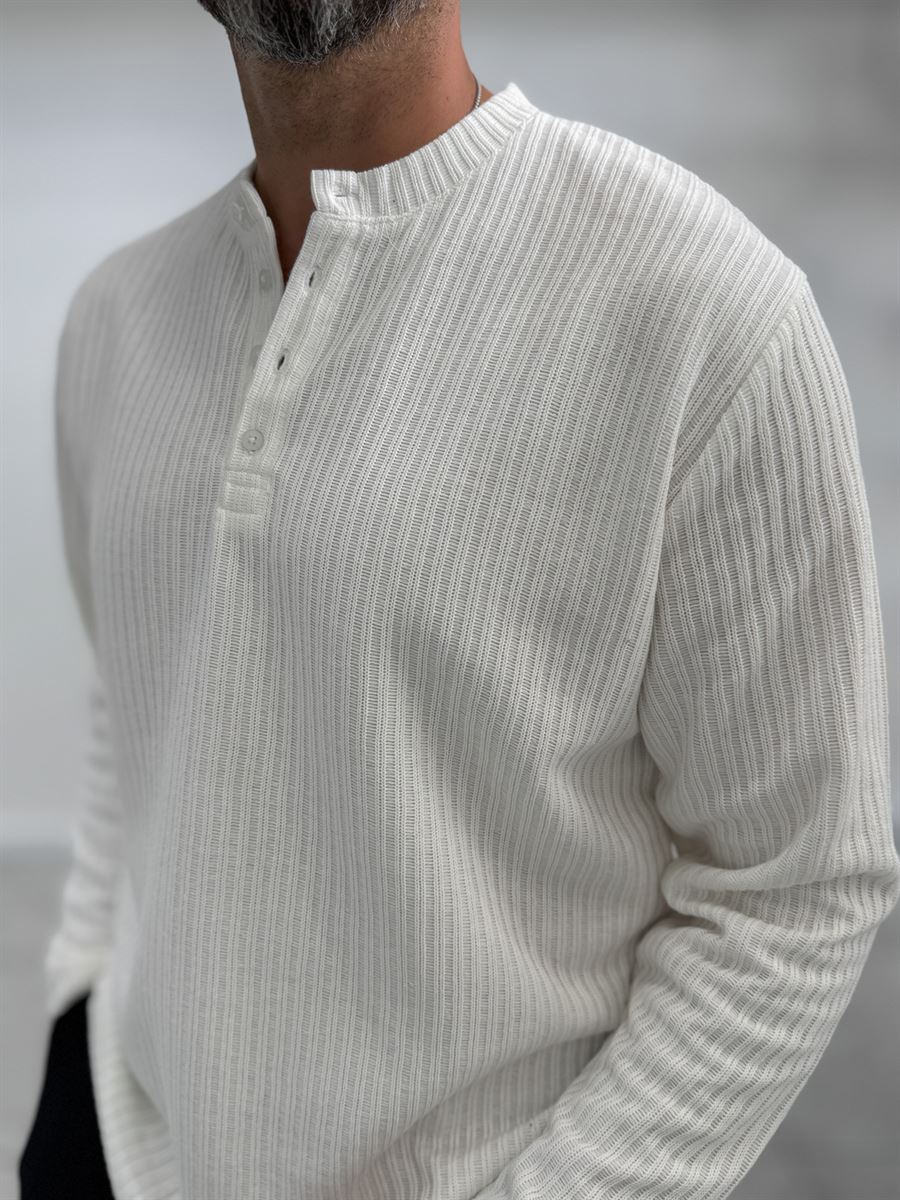 Ecru Button-Up Ribbed Lightweight Sweatshirt MRK-2872