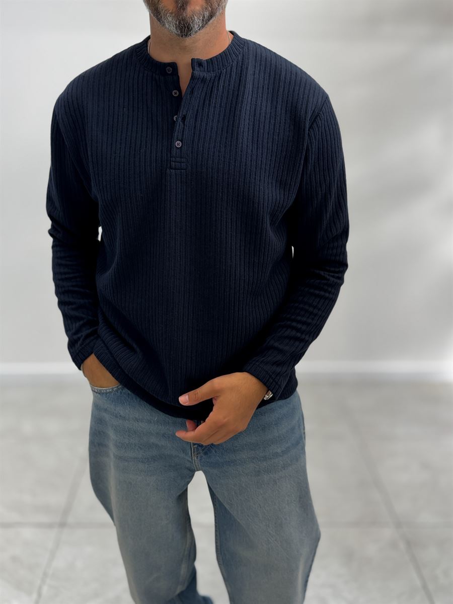 Navy Button-Up Ribbed Lightweight Sweatshirt MRK-2872