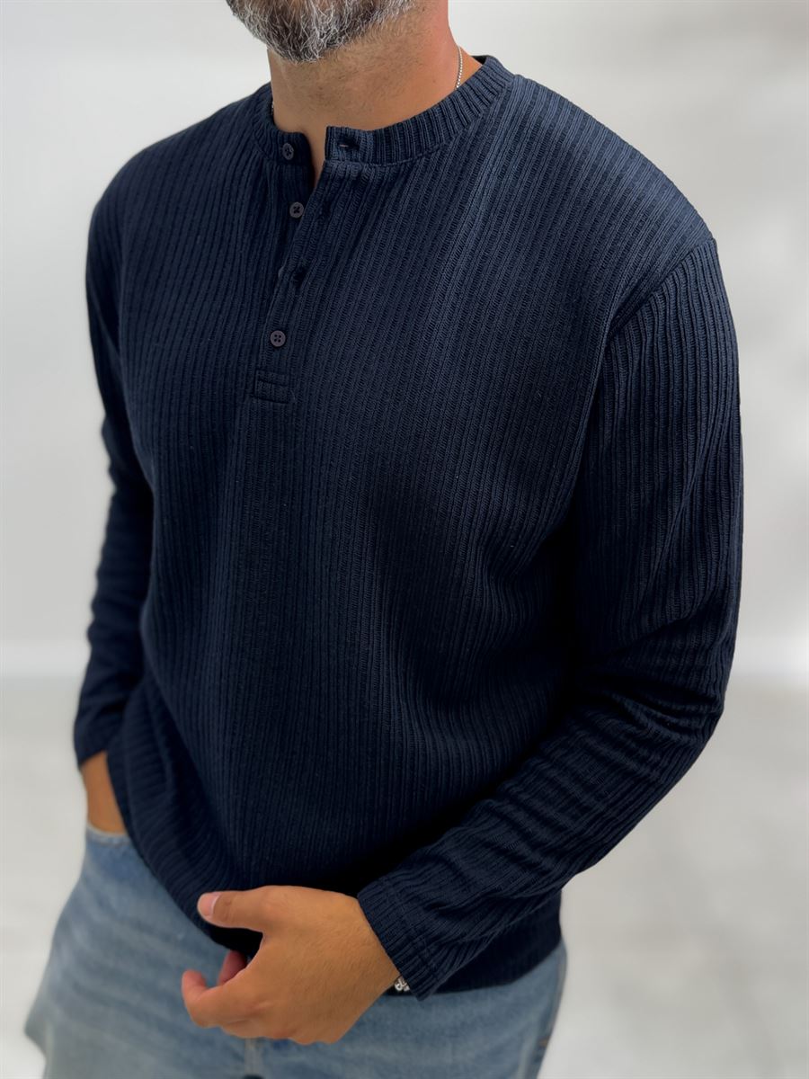 Navy Button-Up Ribbed Lightweight Sweatshirt MRK-2872