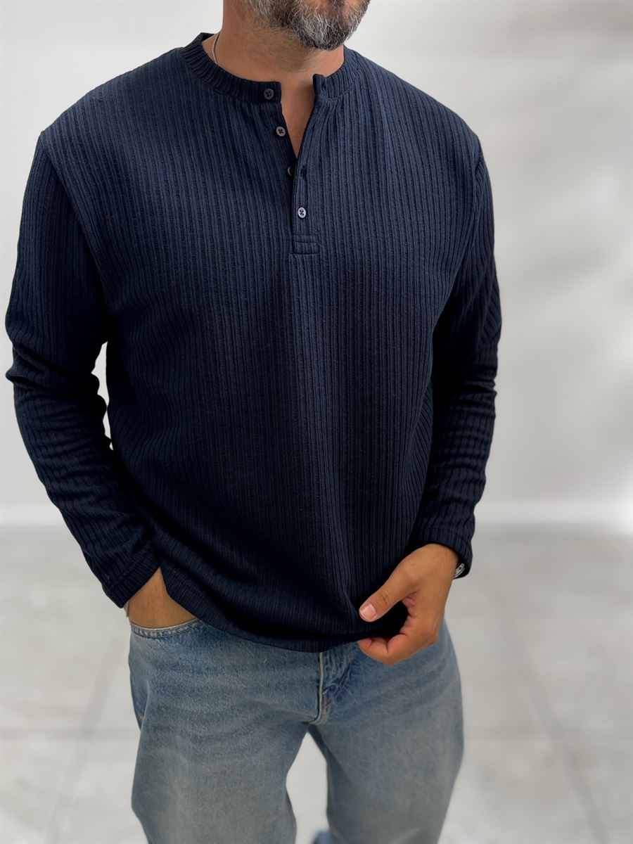 Navy Button-Up Ribbed Lightweight Sweatshirt MRK-2872