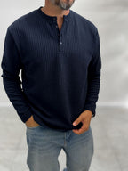 Navy Button-Up Ribbed Lightweight Sweatshirt MRK-2872