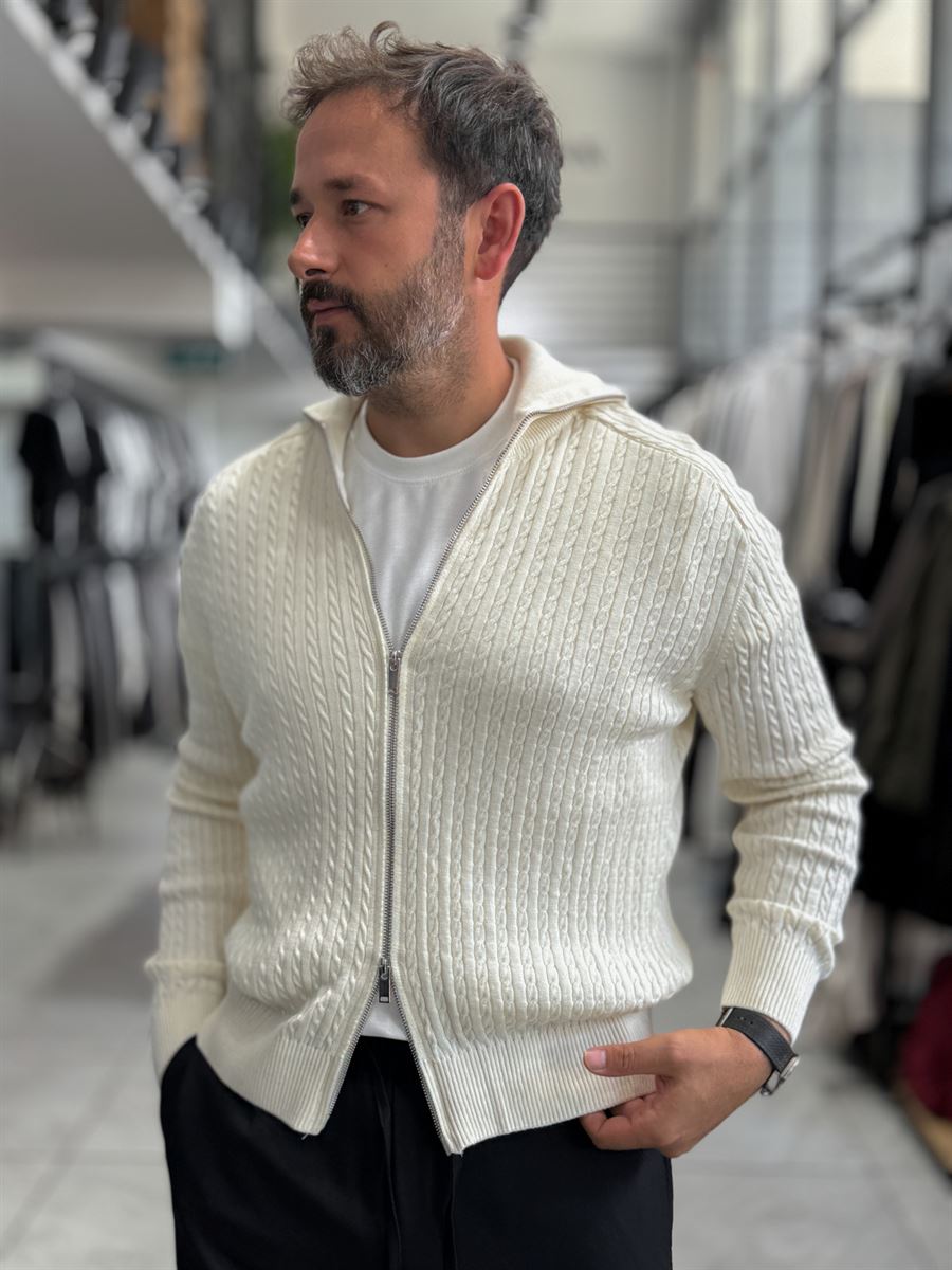 Beige Zip-Up Knit Sweatshirt MRK-2850