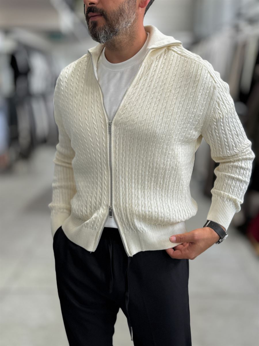 Beige Zip-Up Knit Sweatshirt MRK-2850