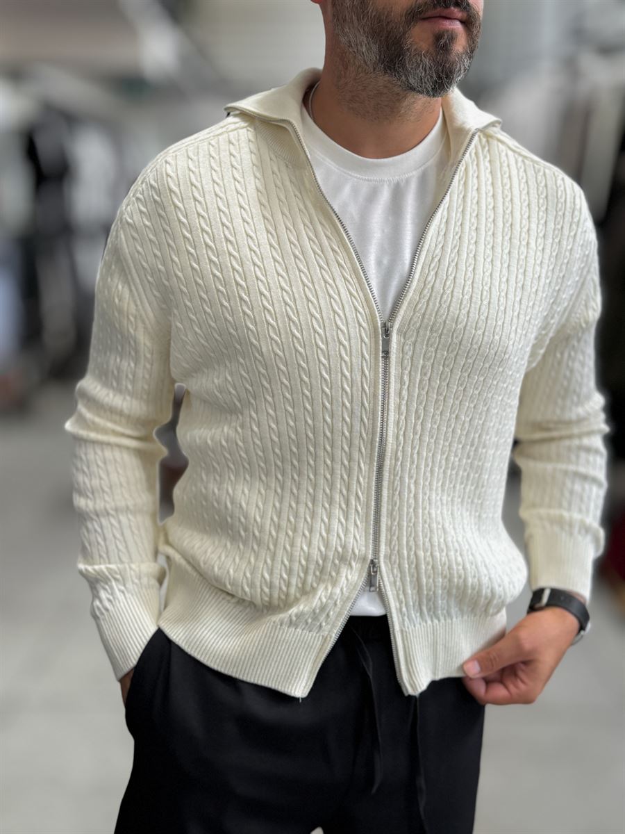 Beige Zip-Up Knit Sweatshirt MRK-2850