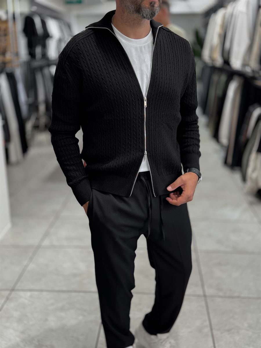 Black Zip-Up Knit Sweatshirt MRK-2850