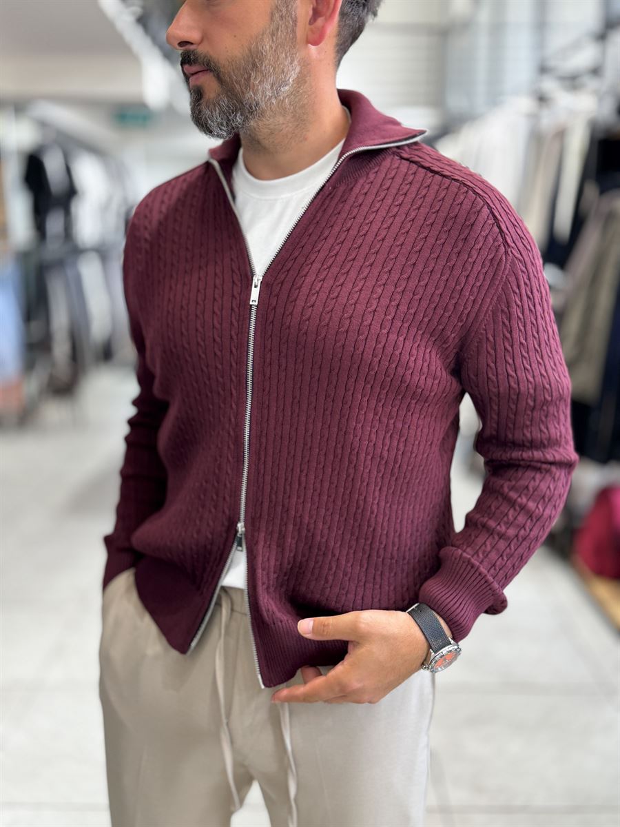 Burgundy Zip-Up Knit Sweatshirt MRK-2850