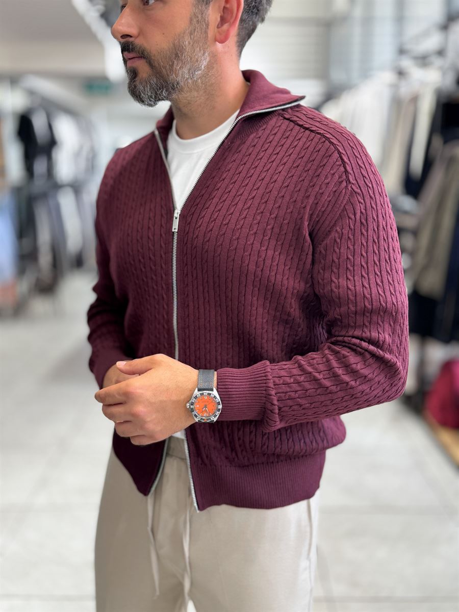 Burgundy Zip-Up Knit Sweatshirt MRK-2850