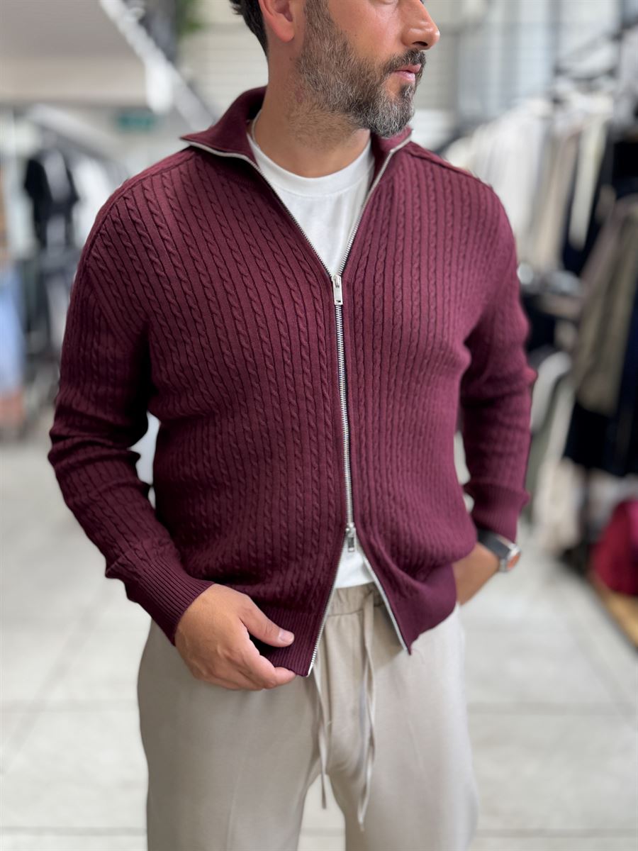 Burgundy Zip-Up Knit Sweatshirt MRK-2850
