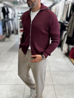 Burgundy Zip-Up Knit Sweatshirt MRK-2850
