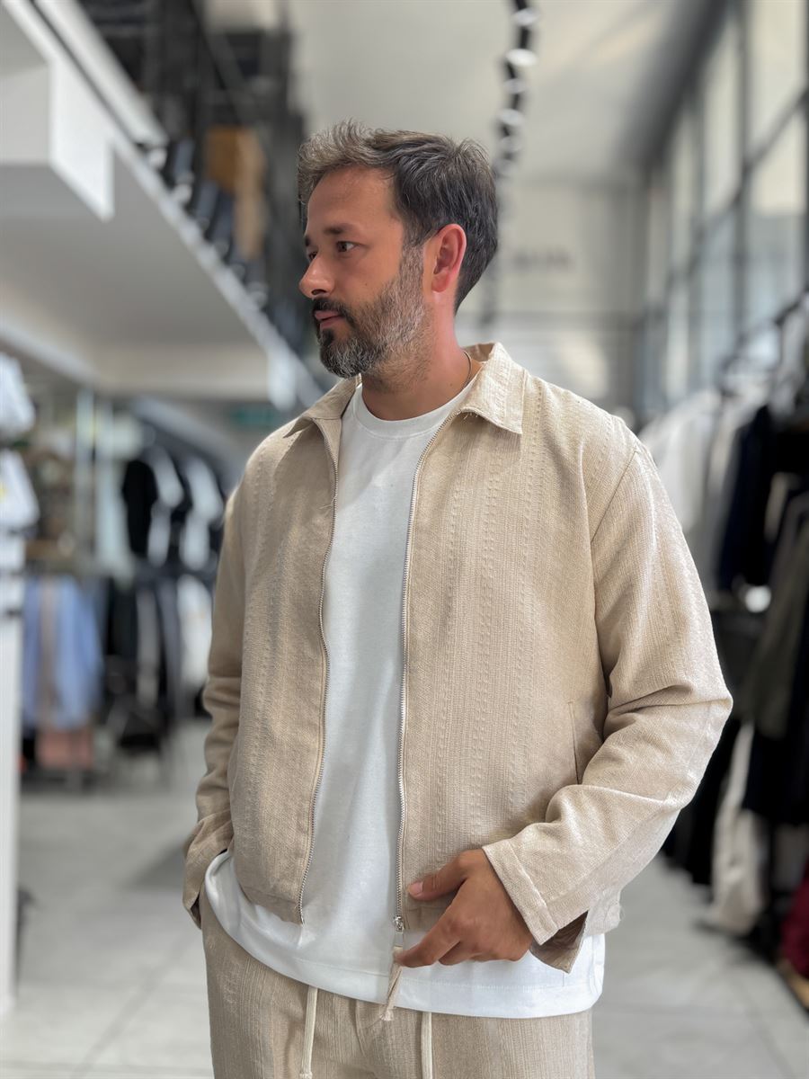 Beige Zip-Up Knit Detail Jacket MRK-2504