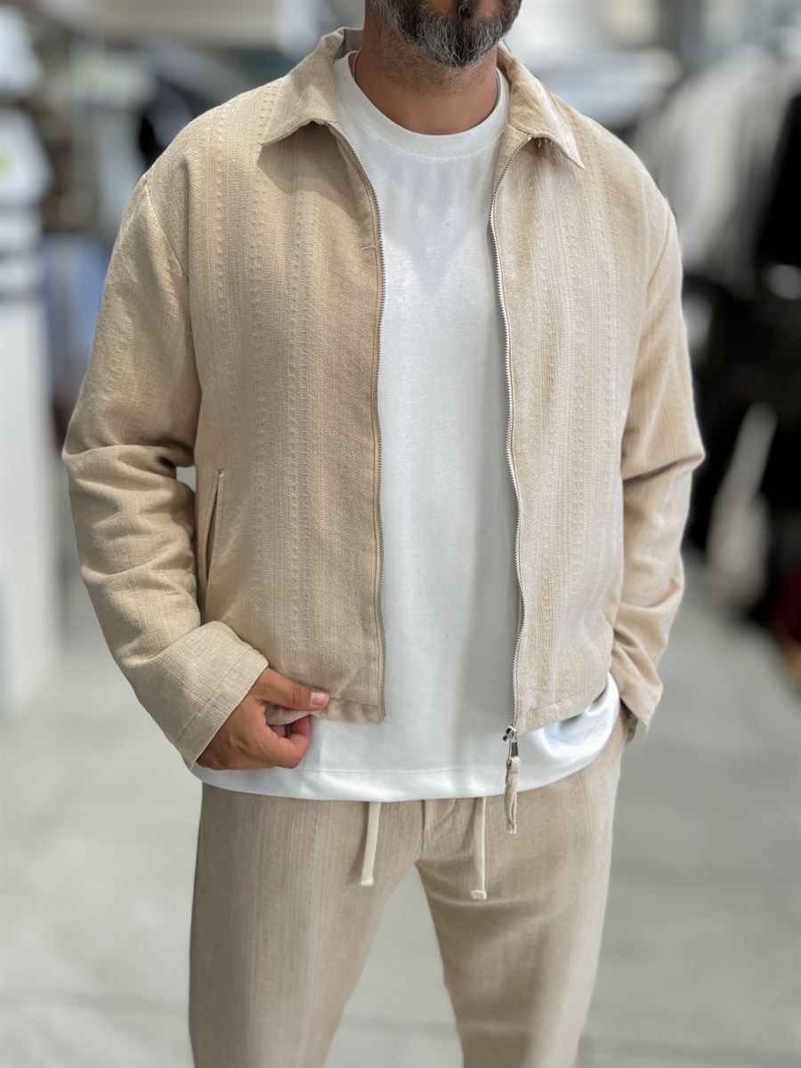 Beige Zip-Up Knit Detail Jacket MRK-2504