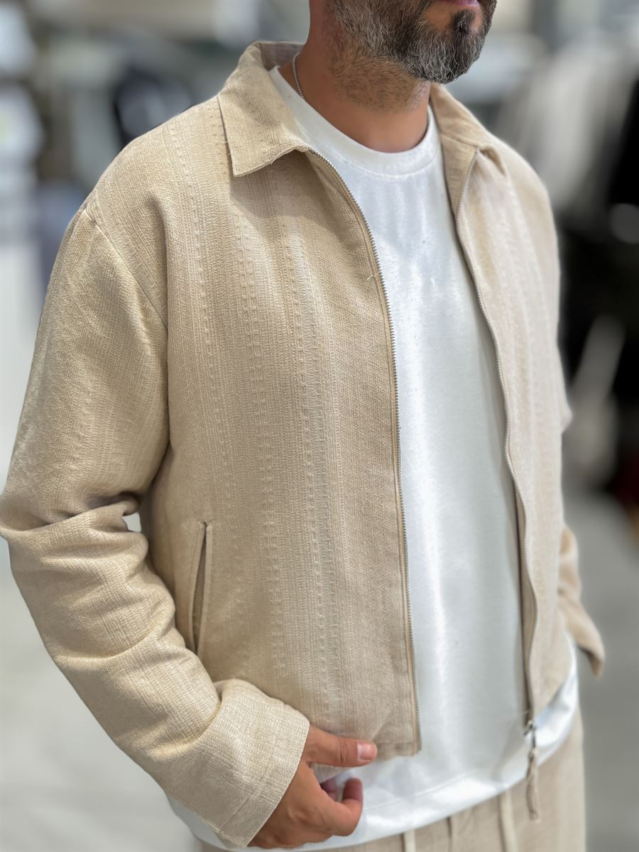 Beige Zip-Up Knit Detail Jacket MRK-2504