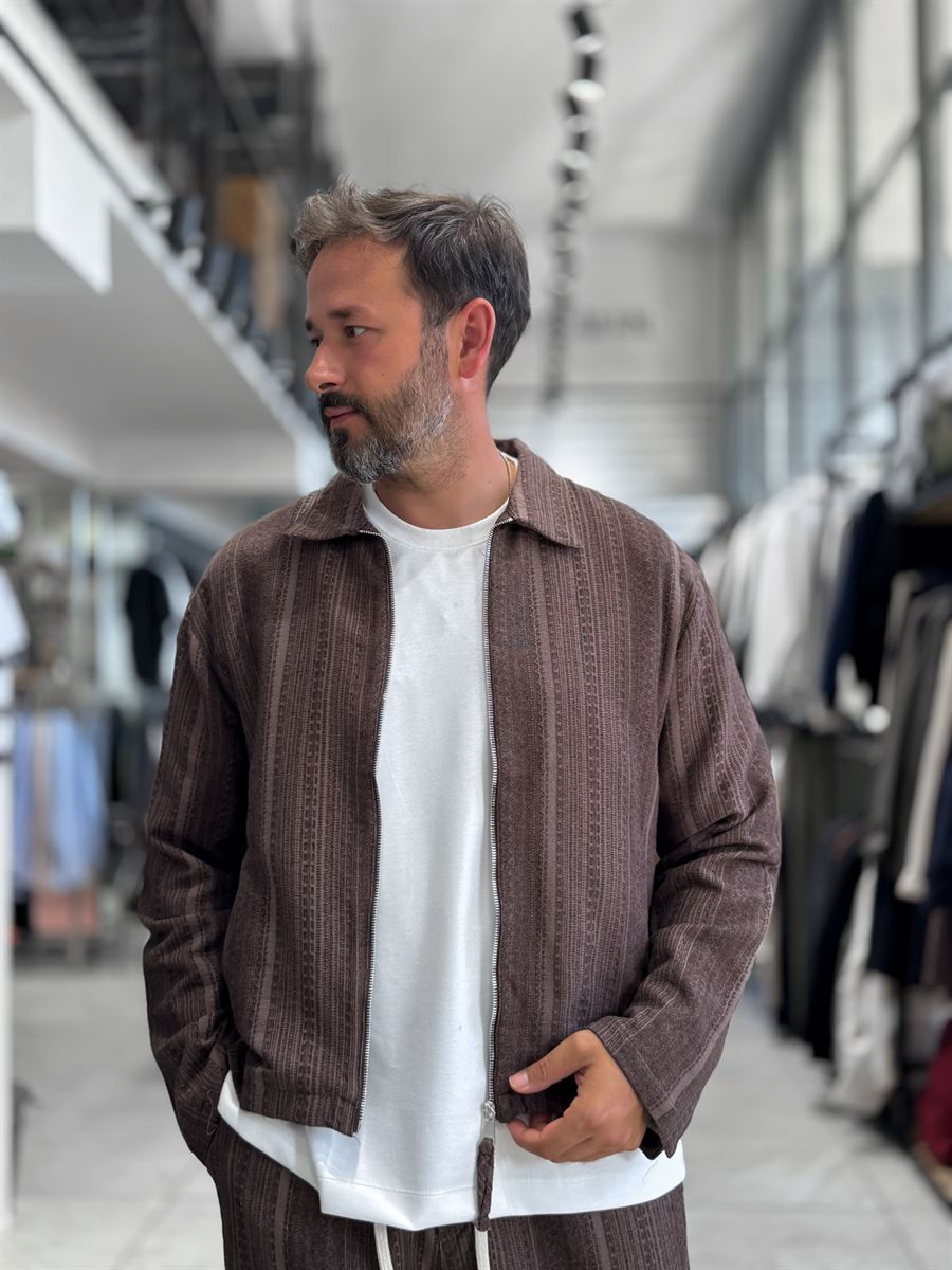 Brown Zip-Up Knit Detail Jacket MRK-2504