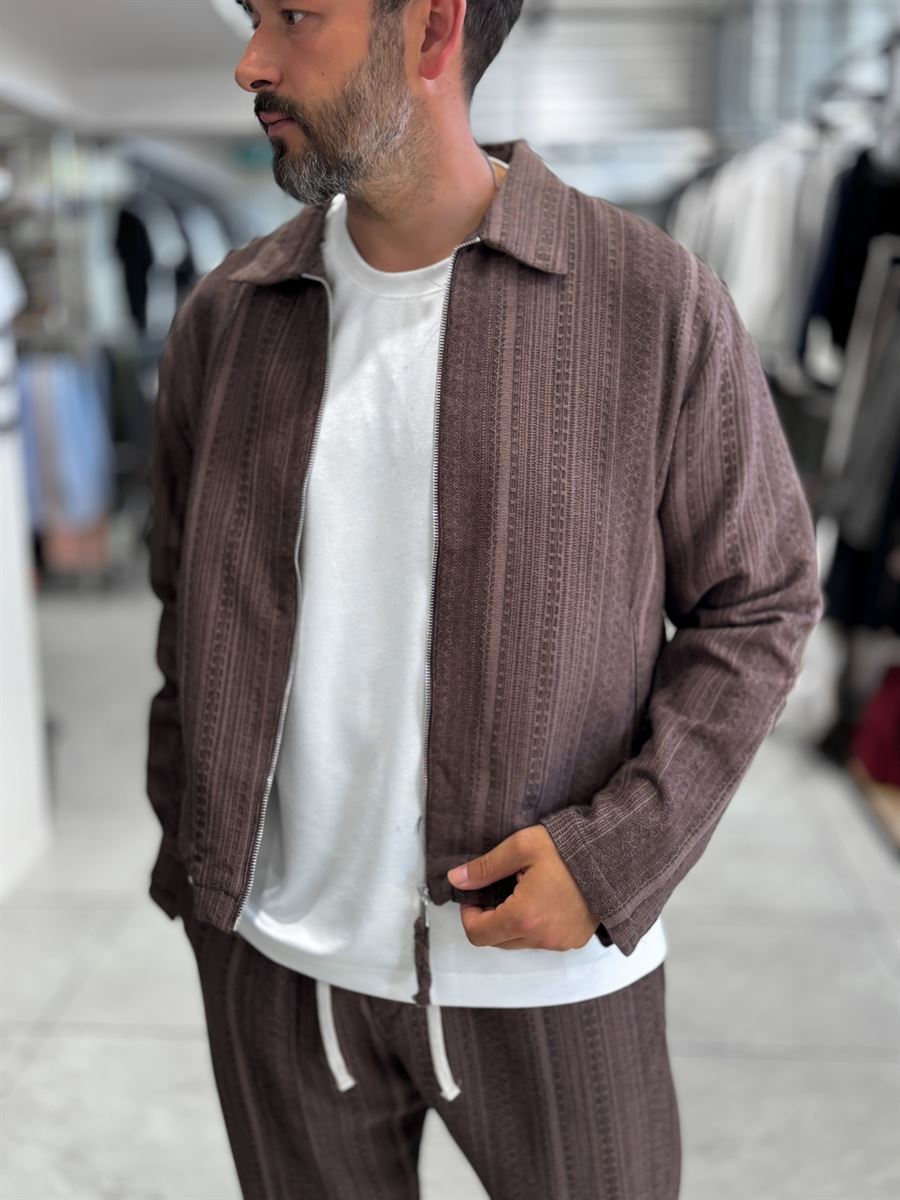 Brown Zip-Up Knit Detail Jacket MRK-2504