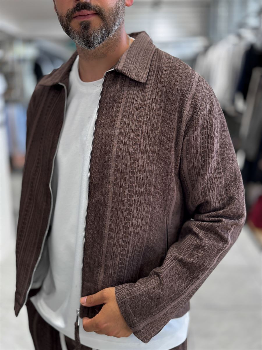 Brown Zip-Up Knit Detail Jacket MRK-2504