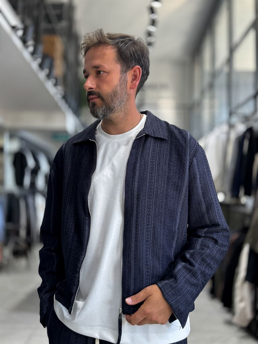 Navy Zip-Up Knit Detail Jacket MRK-2504