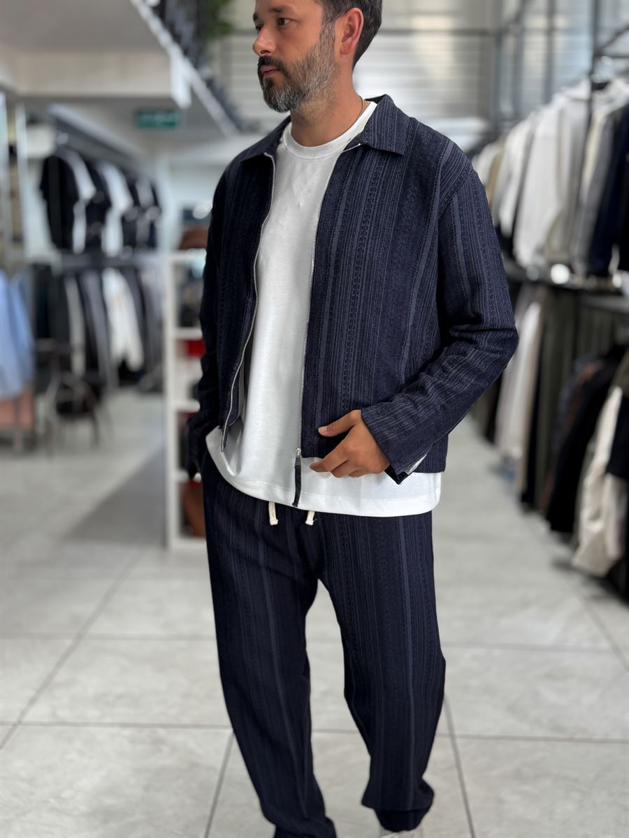Navy Zip-Up Knit Detail Jacket MRK-2504