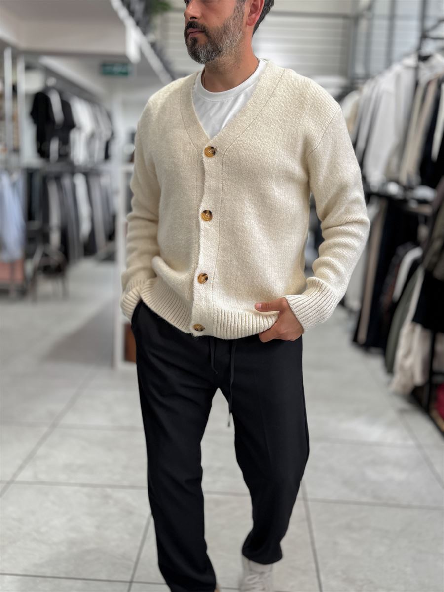 Beige V-Neck Button-Up Knit Sweatshirt MRK-2606