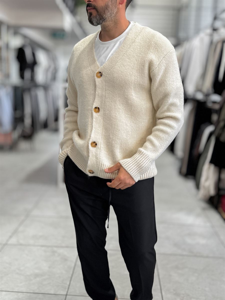 Beige V-Neck Button-Up Knit Sweatshirt MRK-2606