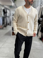 Beige V-Neck Button-Up Knit Sweatshirt MRK-2606