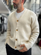 Beige V-Neck Button-Up Knit Sweatshirt MRK-2606