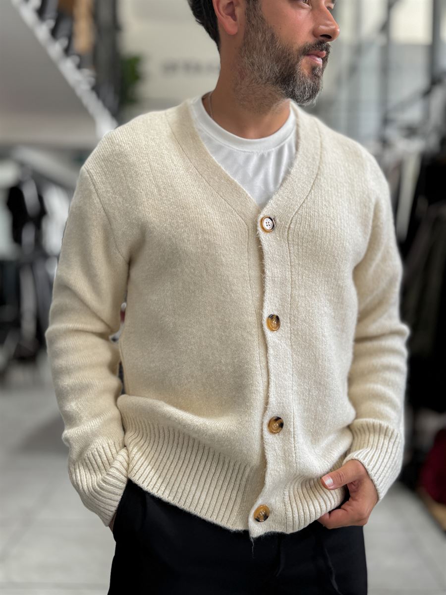 Beige V-Neck Button-Up Knit Sweatshirt MRK-2606