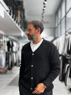 Black V-Neck Button-Up Knit Sweatshirt MRK-2606
