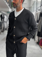 Black V-Neck Button-Up Knit Sweatshirt MRK-2606