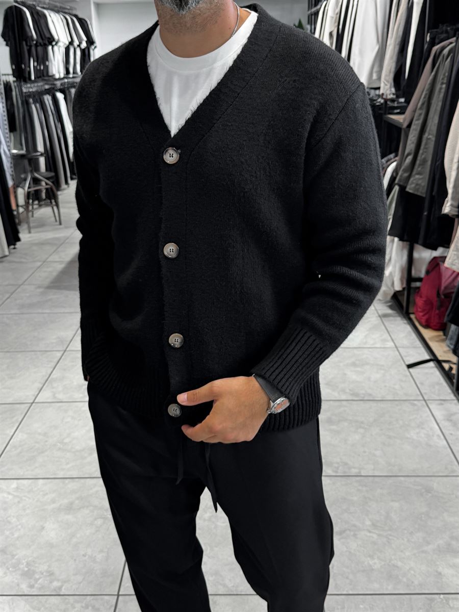 Black V-Neck Button-Up Knit Sweatshirt MRK-2606
