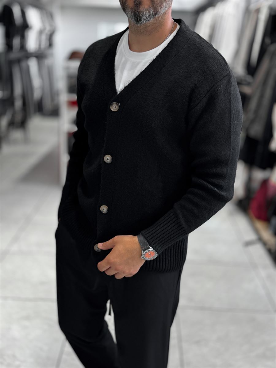 Black V-Neck Button-Up Knit Sweatshirt MRK-2606