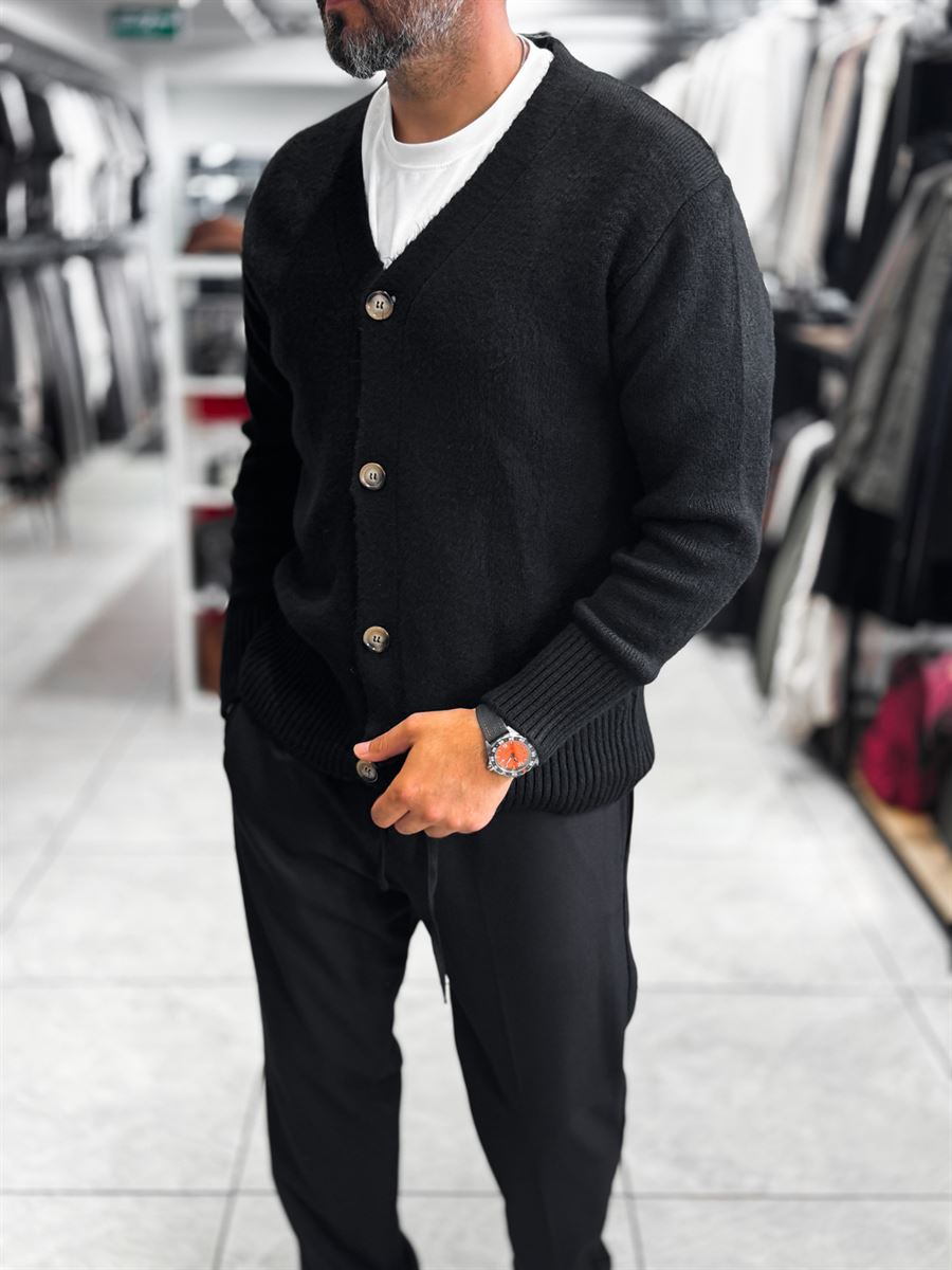 Black V-Neck Button-Up Knit Sweatshirt MRK-2606
