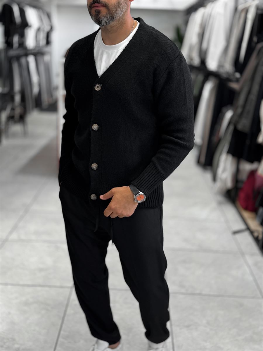 Black V-Neck Button-Up Knit Sweatshirt MRK-2606