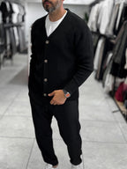 Black V-Neck Button-Up Knit Sweatshirt MRK-2606