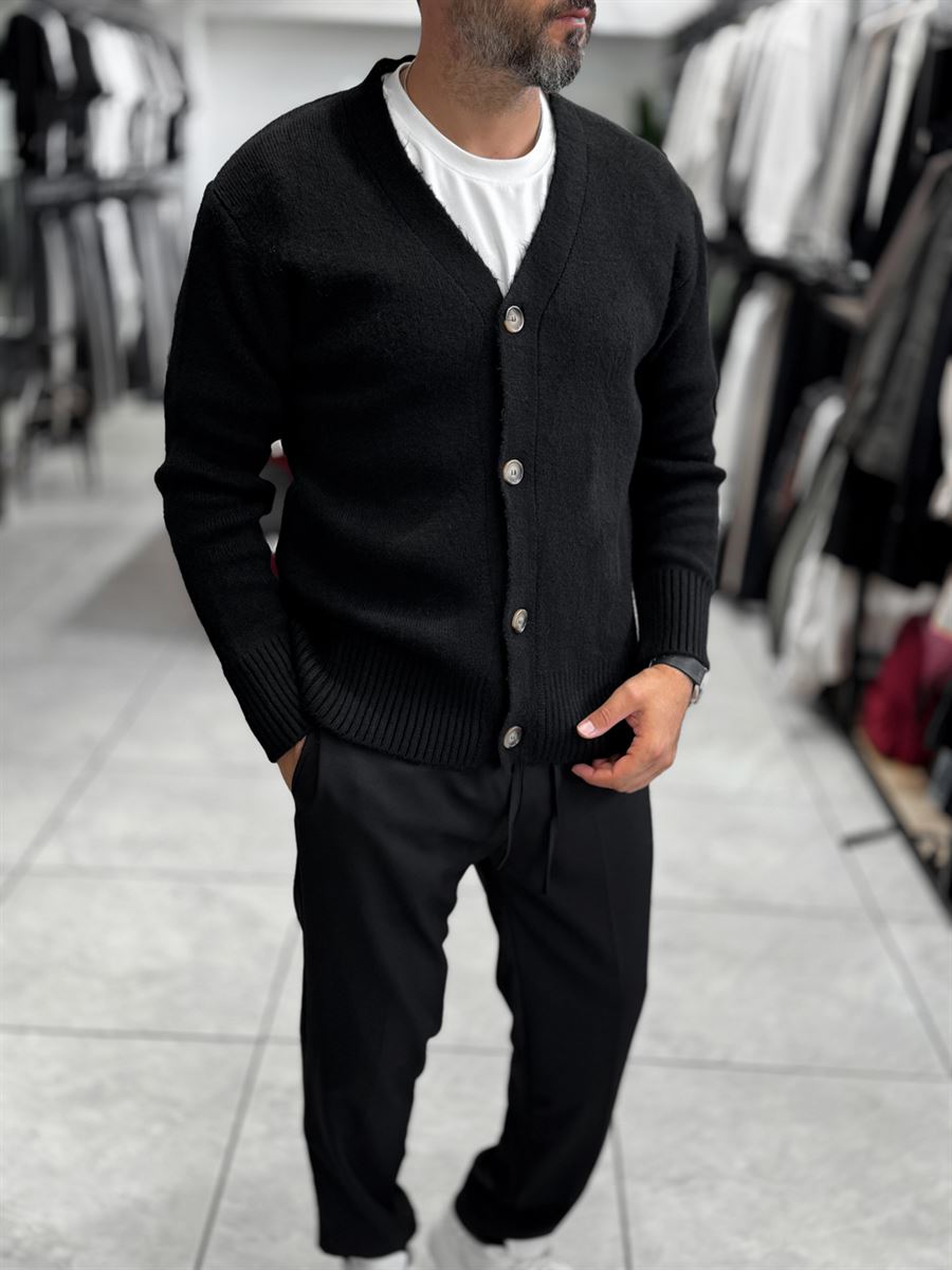 Black V-Neck Button-Up Knit Sweatshirt MRK-2606