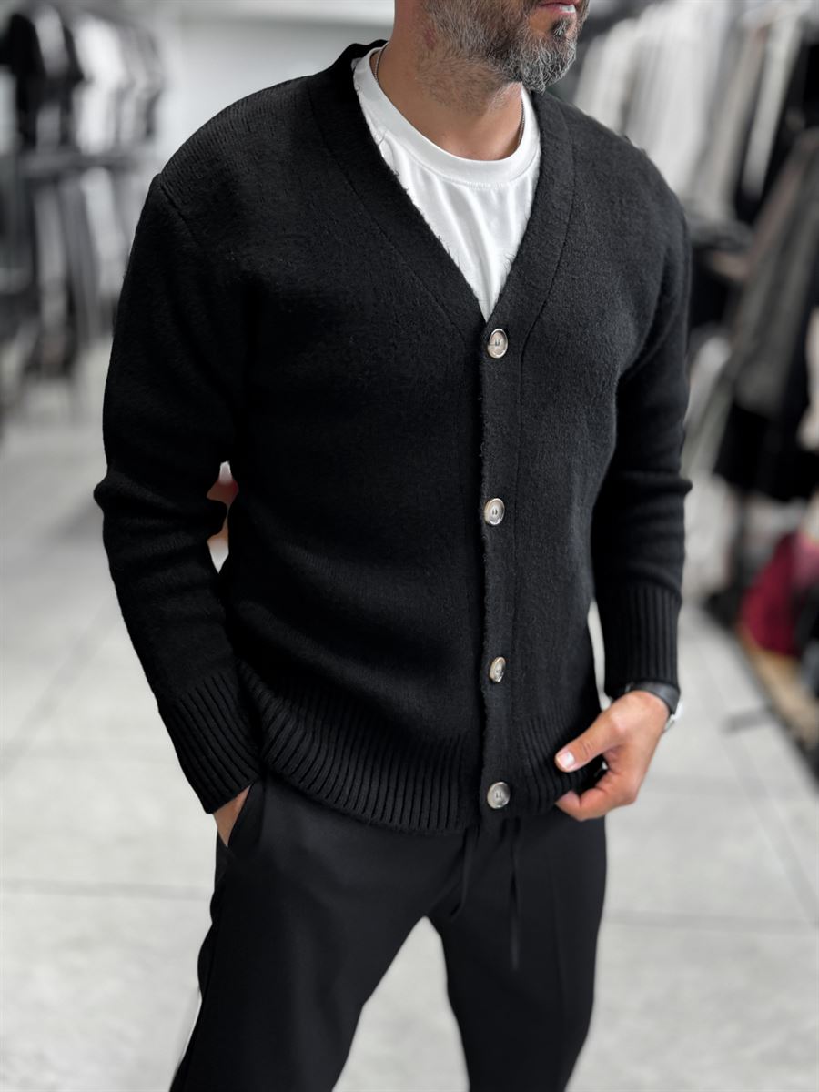 Black V-Neck Button-Up Knit Sweatshirt MRK-2606