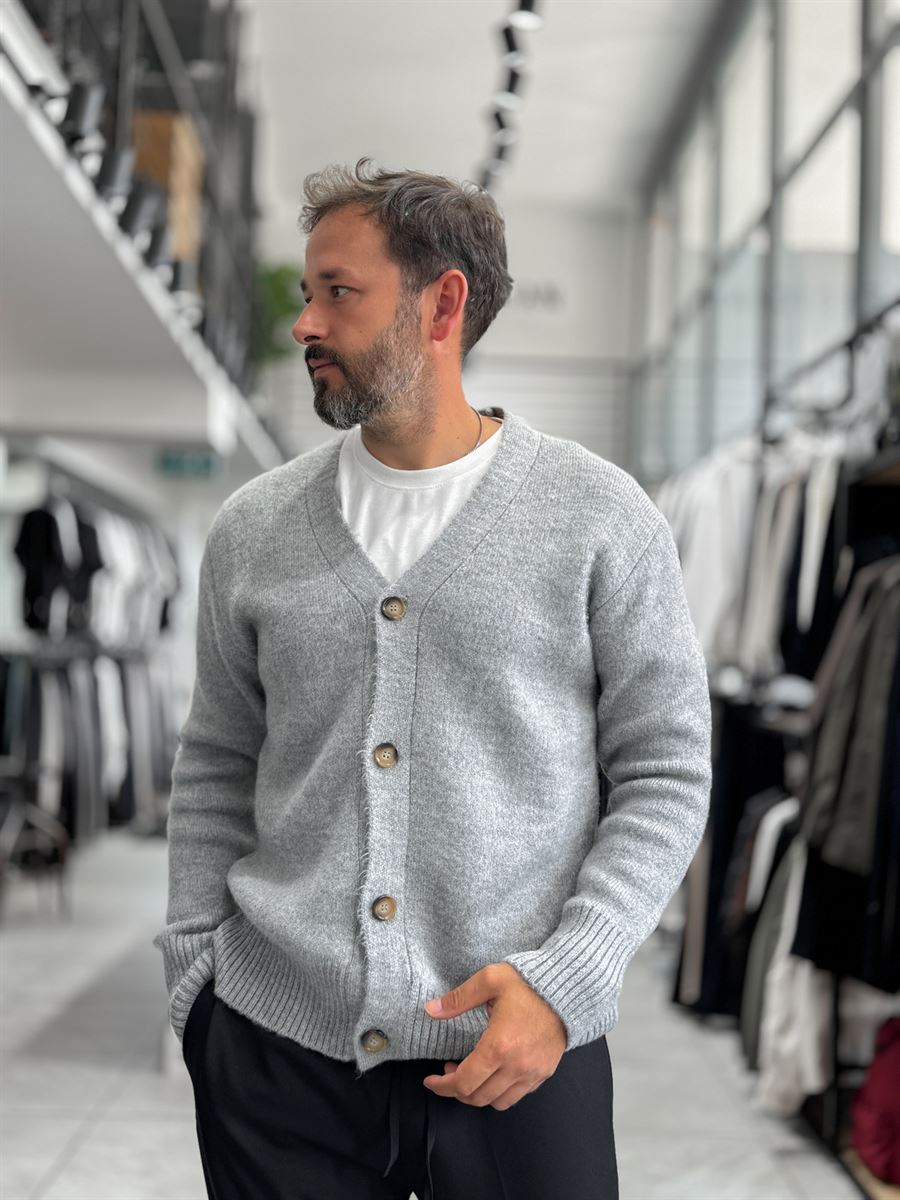 Gray V-Neck Button-Up Knit Sweatshirt MRK-2606