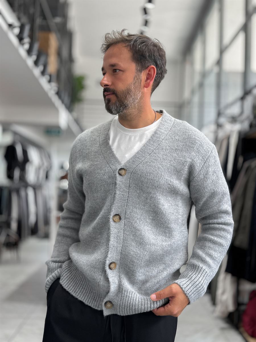Gray V-Neck Button-Up Knit Sweatshirt MRK-2606