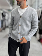 Gray V-Neck Button-Up Knit Sweatshirt MRK-2606