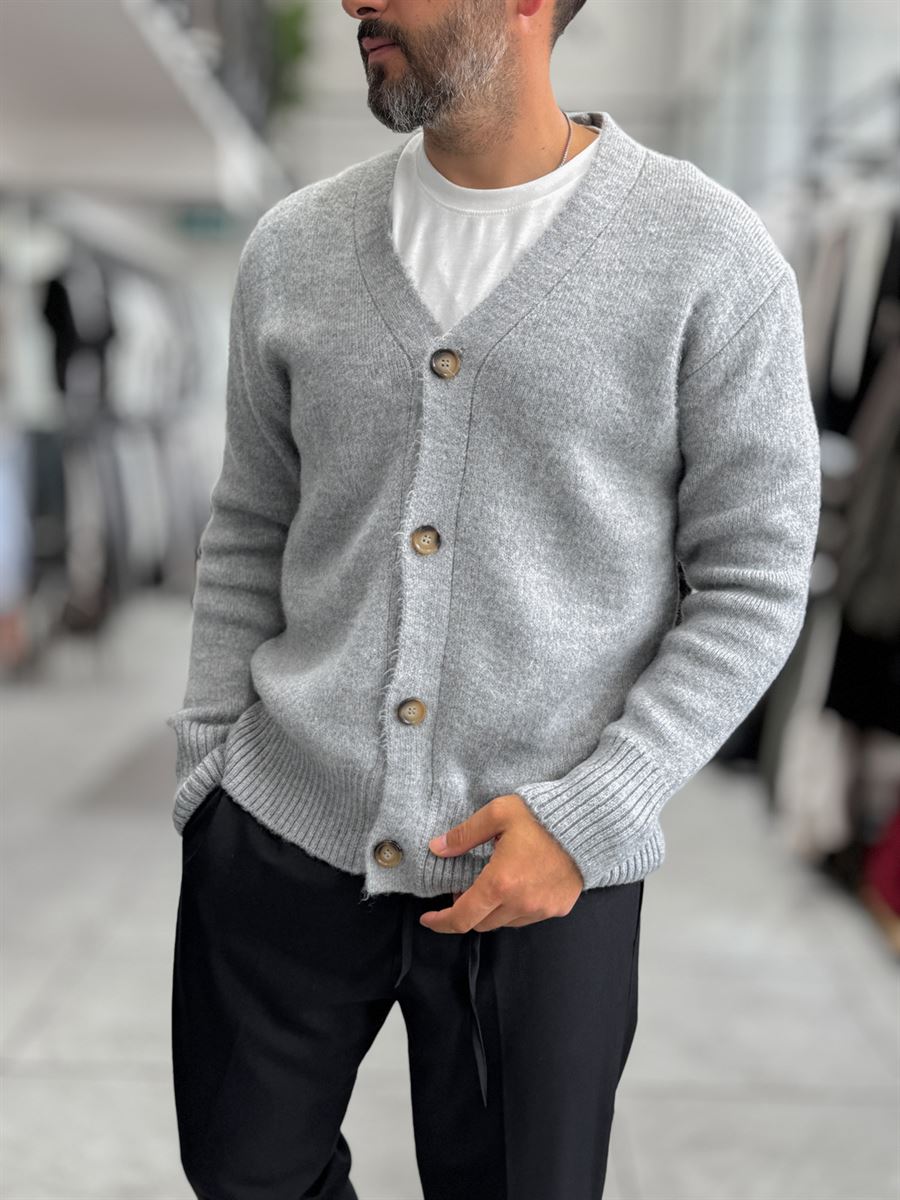 Gray V-Neck Button-Up Knit Sweatshirt MRK-2606